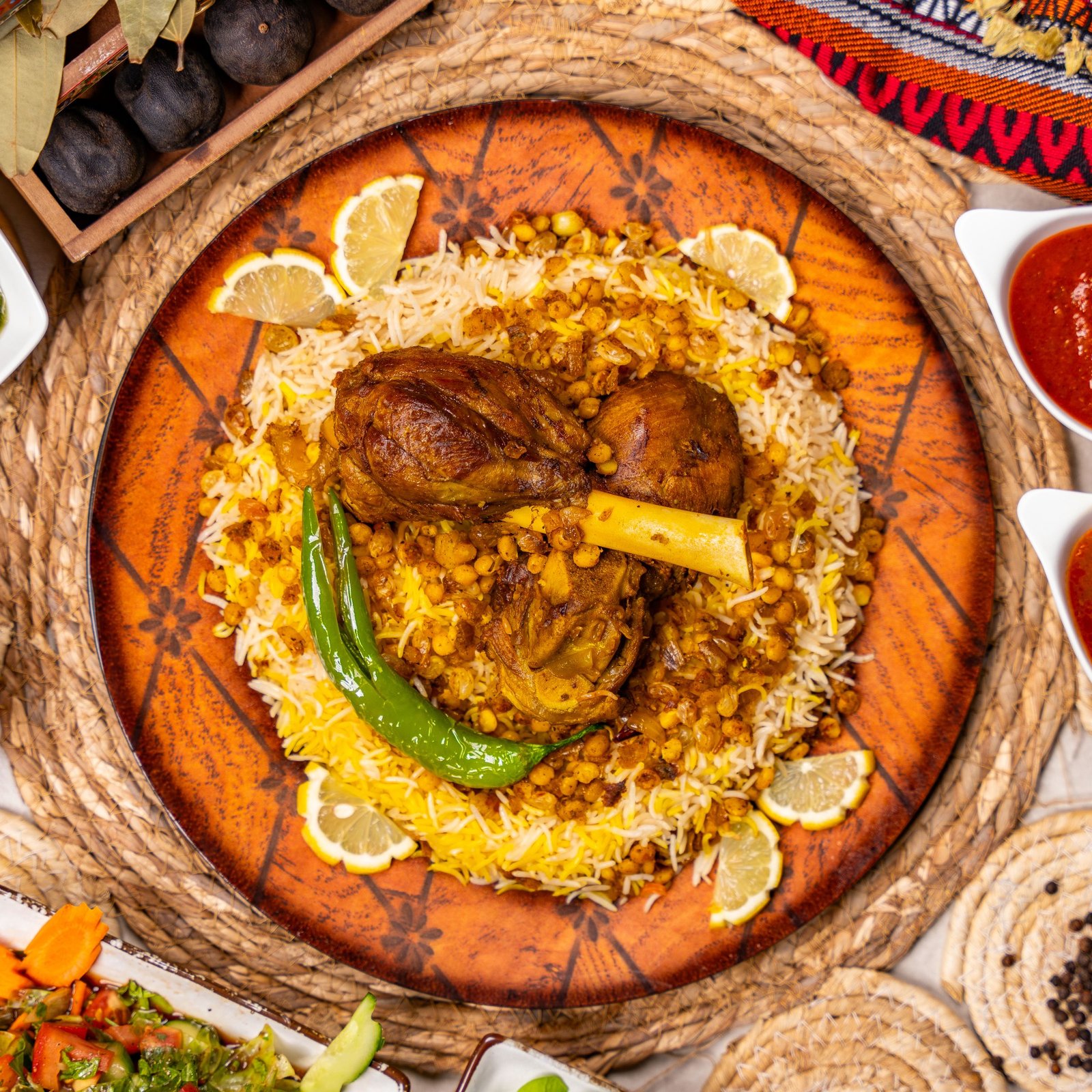 Lamb mandi on spiced rice with lemon