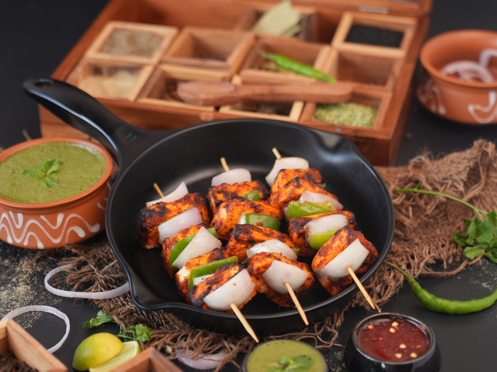 Grilled paneer tikka with spices and sauces
